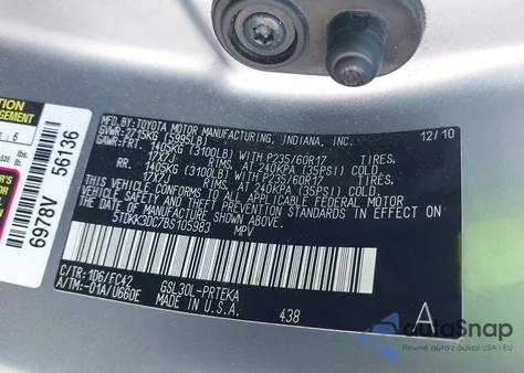 2011 Toyota Sienna Le V6 z USA, uszkodzony, nr VIN 5TDKK3DC7BS105983